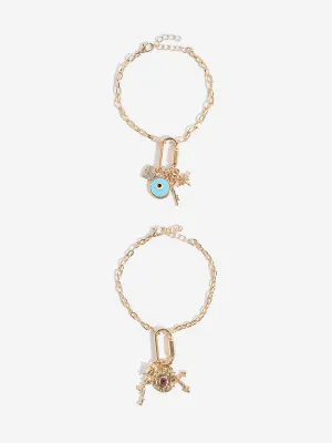 Westside Accessories Gold Multi Charm Chain Bracelet Set - Pack of 2