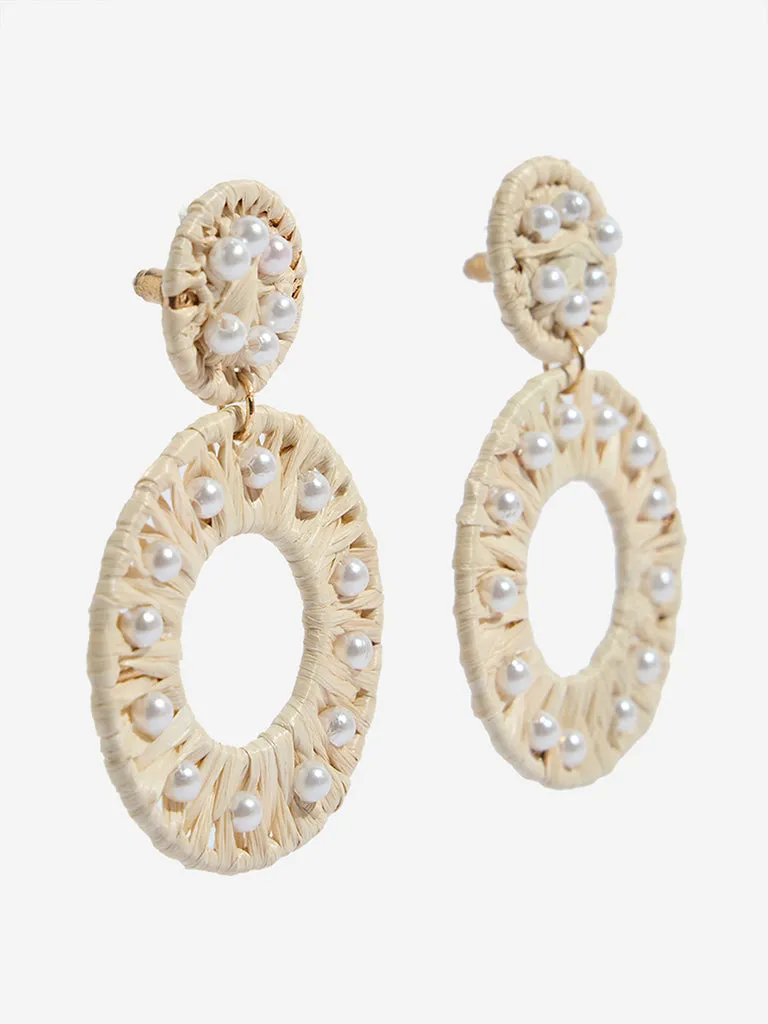 Westside Accessories Light Beige Circle Raffia Pearl Earrings