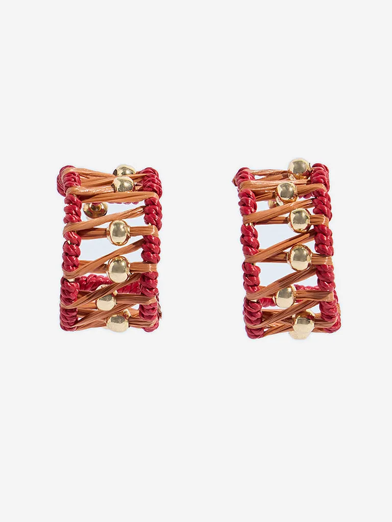Westside Accessories Red & Orange Woven Cord and Metal Bead Hoop Earrings