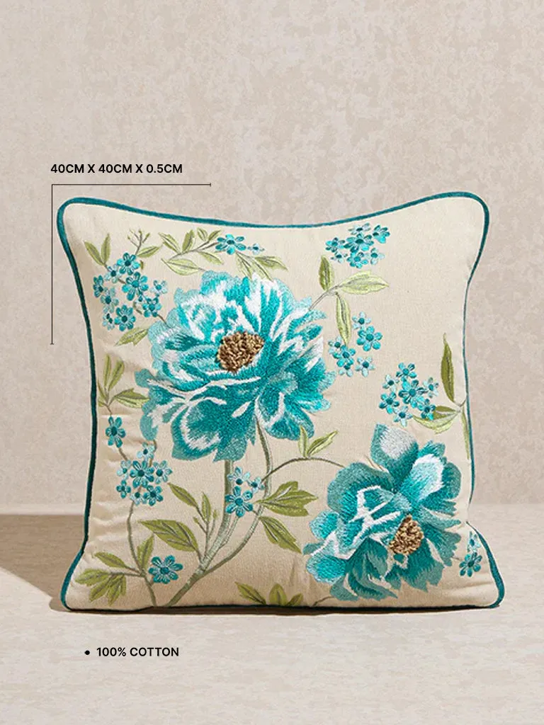 Westside Home Aqua Floral Embroidered Cushion Cover
