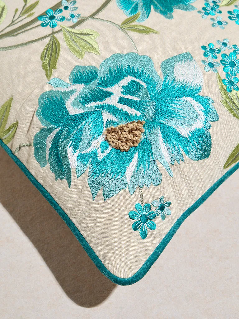Westside Home Aqua Floral Embroidered Cushion Cover