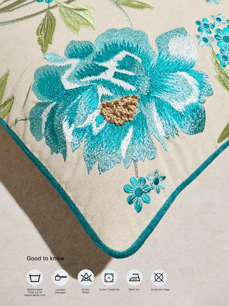Westside Home Aqua Floral Embroidered Cushion Cover