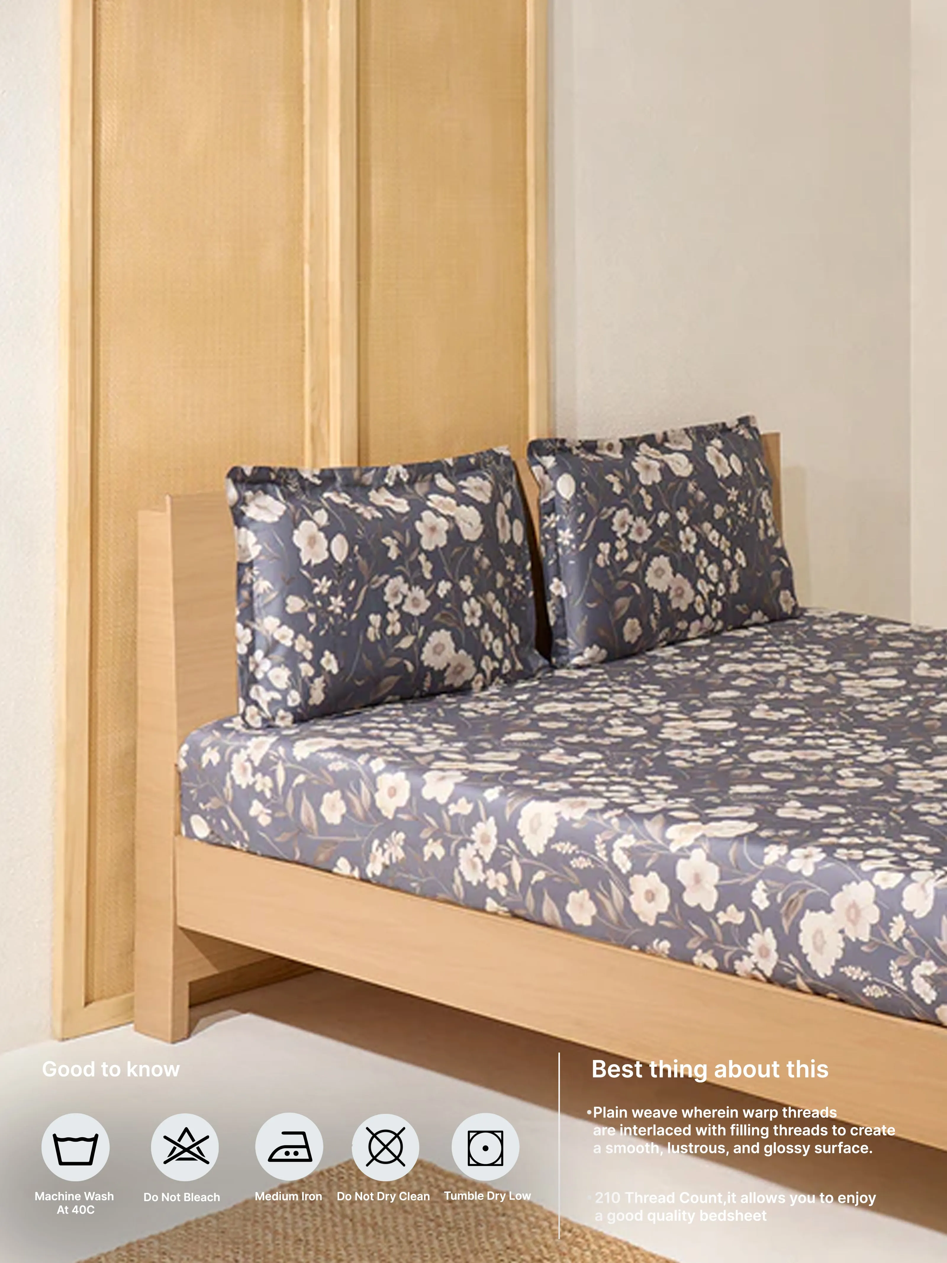Westside Home Dusty Blue Botanical Design King Bed Flat Sheet and Pillowcase Set