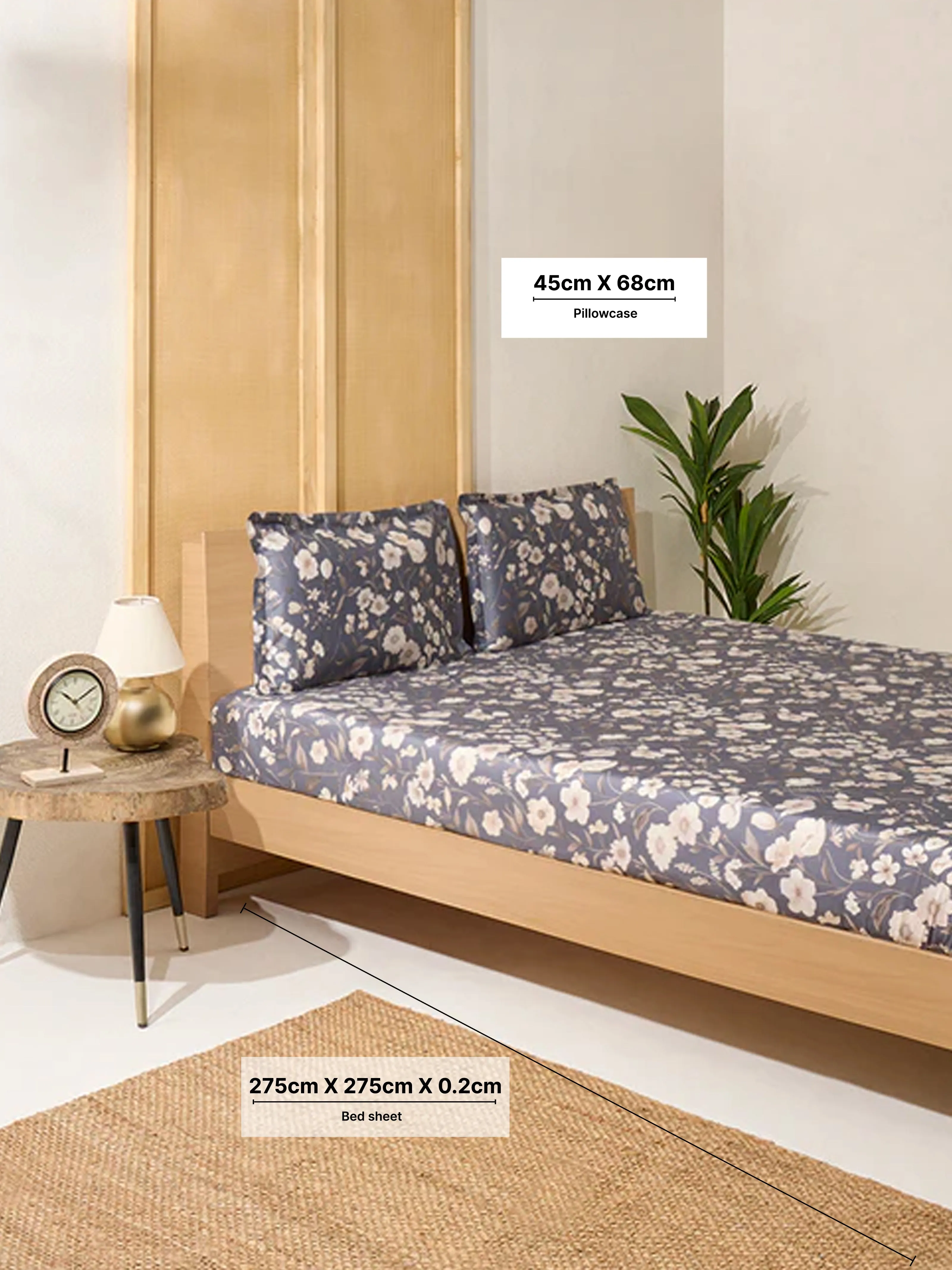 Westside Home Dusty Blue Botanical Design King Bed Flat Sheet and Pillowcase Set