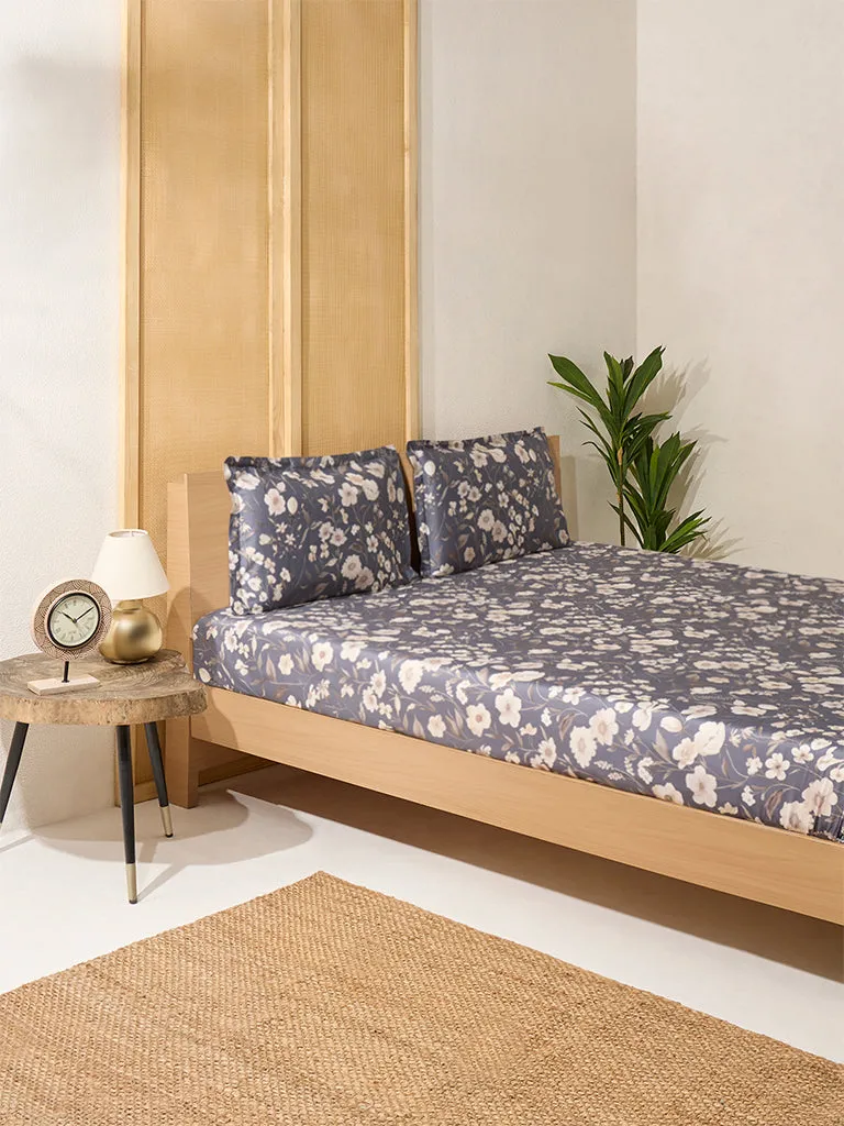 Westside Home Dusty Blue Botanical Design King Bed Flat Sheet and Pillowcase Set