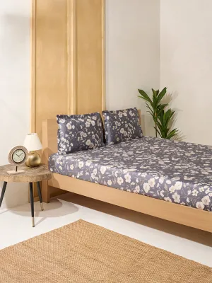 Westside Home Dusty Blue Botanical Design King Bed Flat Sheet and Pillowcase Set