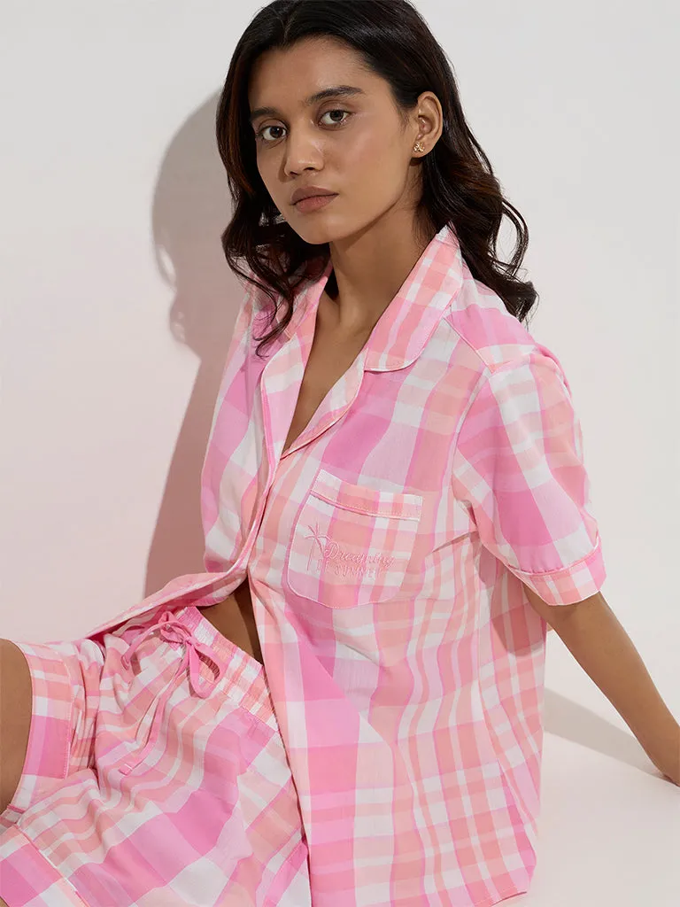 Wunderlove Pink Checkered Cotton Shirt with Shorts Set
