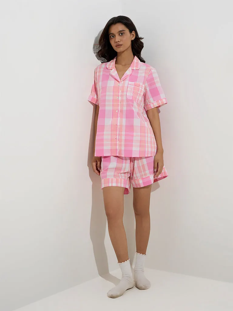 Wunderlove Pink Checkered Cotton Shirt with Shorts Set