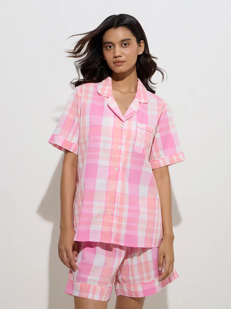 Wunderlove Pink Checkered Cotton Shirt with Shorts Set