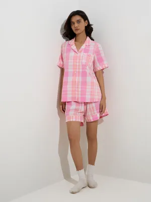 Wunderlove Pink Checkered Cotton Shirt with Shorts Set