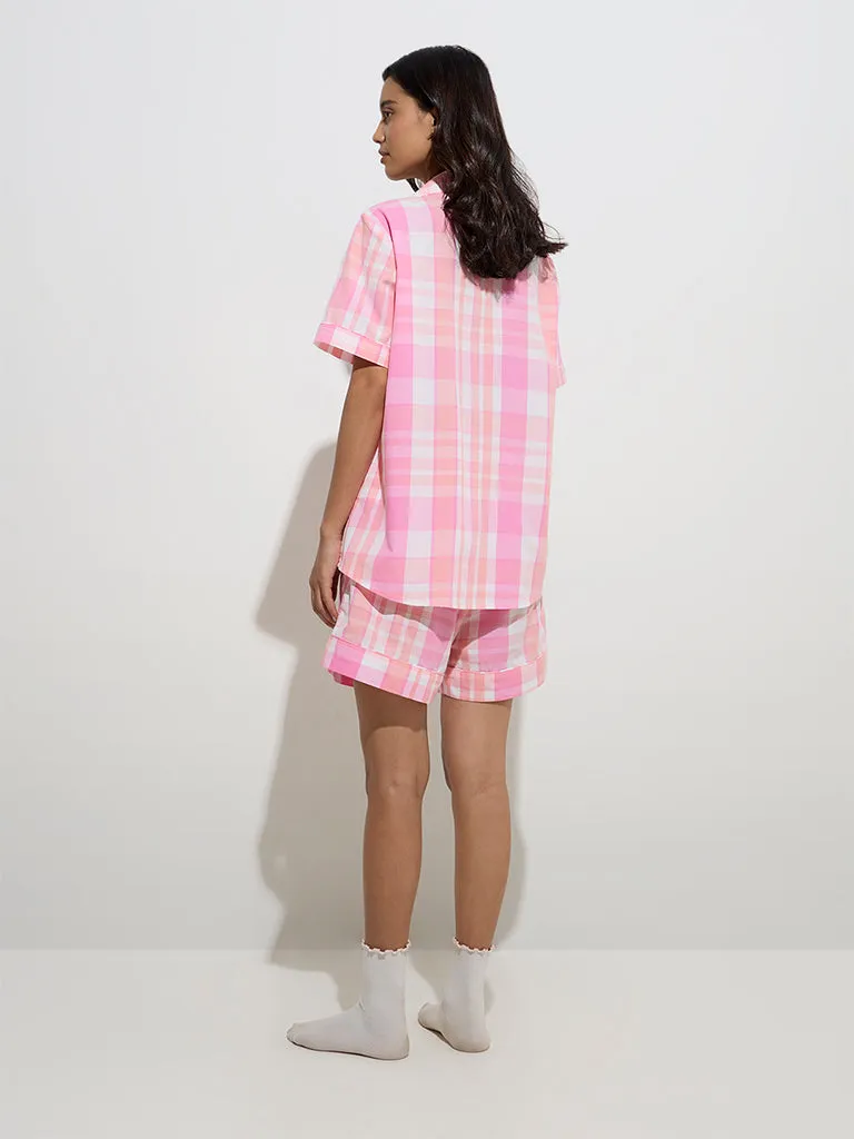 Wunderlove Pink Checkered Cotton Shirt with Shorts Set