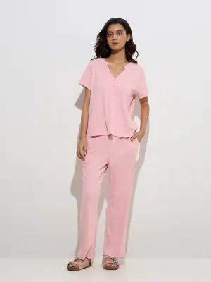 Wunderlove Pink Ribbed-Textured Cotton-Blend Henley Top