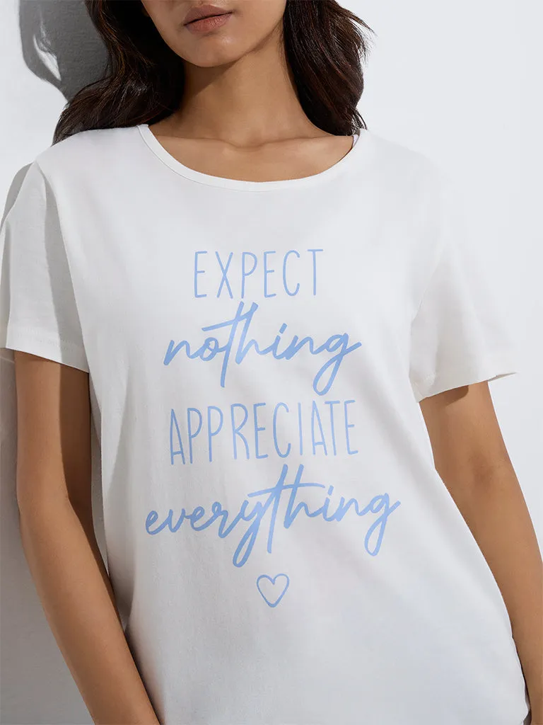 Wunderlove White Text Printed Cotton T-Shirt