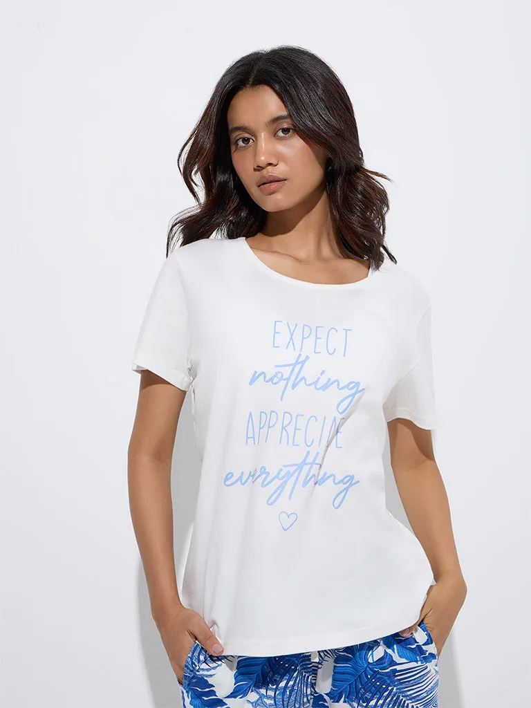 Wunderlove White Text Printed Cotton T-Shirt