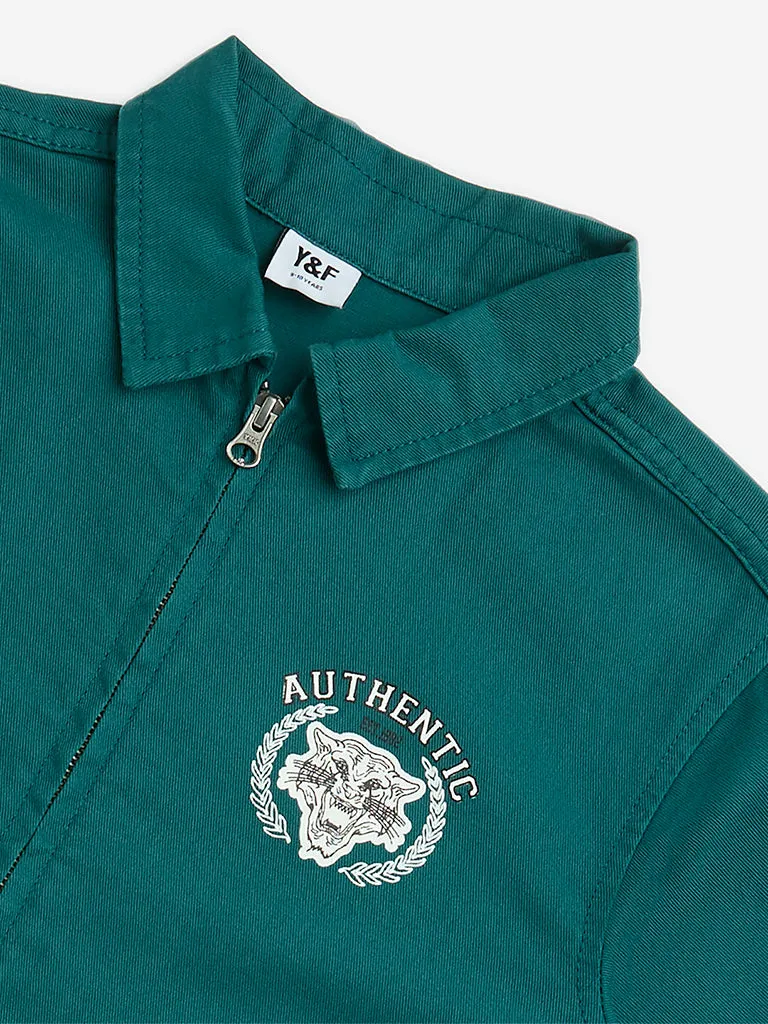 Y&F Kids Green Printed Cotton Shirt