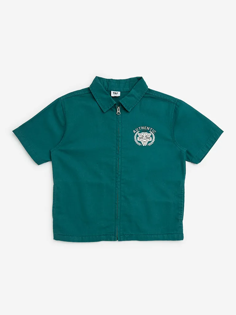 Y&F Kids Green Printed Cotton Shirt