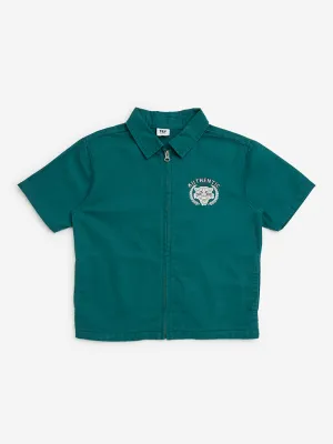 Y&F Kids Green Printed Cotton Shirt