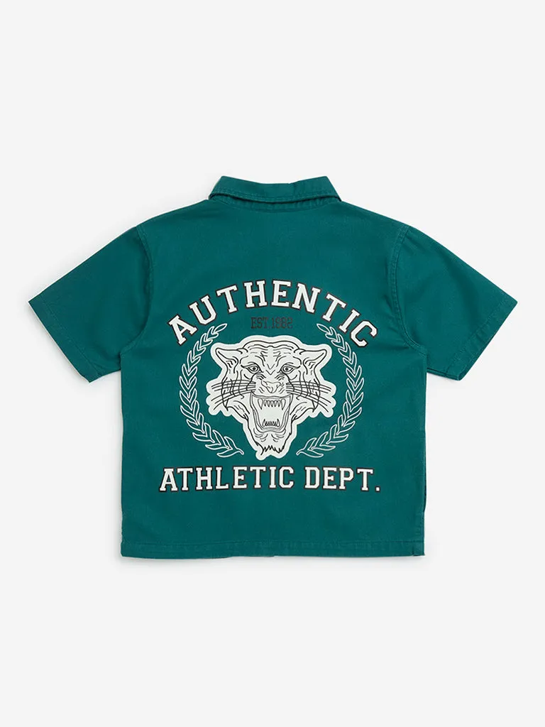 Y&F Kids Green Printed Cotton Shirt